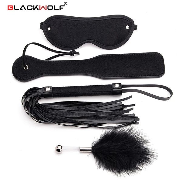 Adulto brinquedos blackwolf 4 pçs cama bondage conjunto bdsm kits máscara de olho chicote paddle anal plug grânulo jogos sexuais eróticos para mulheres casais 231114