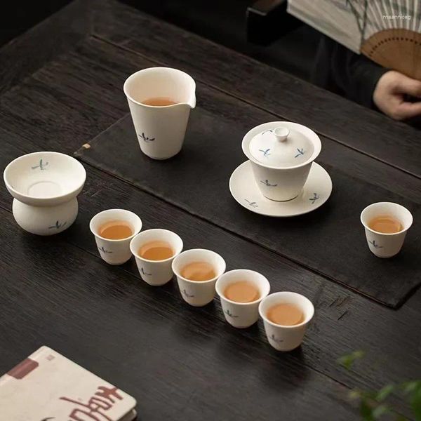 Set da tè Set da tè in ceramica fatto a mano con orchidea dipinta a mano Completo di zuppiera da ufficio in porcellana di giada bianca cinese