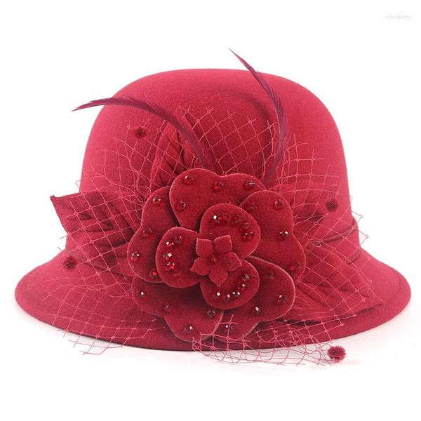 Chapéus de aba de luxo de luxo fedora chapéu mulheres inverno 2023 outono destacável floral elegante fedoras browler fascinator casamentos vermelhos brancos