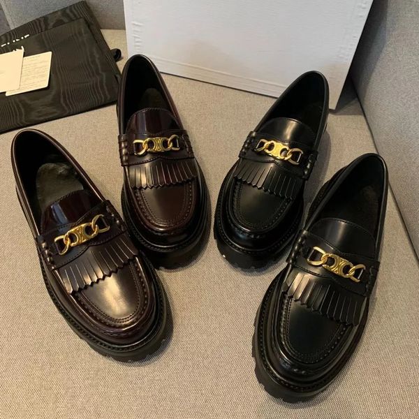 Sapatos pretos triomphe corrente dourada franjas mocassins genuíno couro de bezerro deslizamento em apartamentos mulheres designers de luxo vestido plano sapato senhoras de alta qualidade