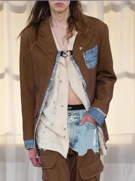 Женские куртки, блейзер для женщин, с зубчатым воротником, с длинным рукавом, в стиле пэчворк, джинсовые повседневные пиджаки с разрезом, женский осенний модный стиль