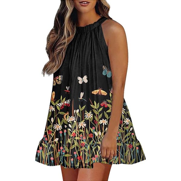 Vestidos casuais vermelhos vestidos de verão elegante elegante estampa floral halter pescoço mangueira de babados vestido de acabamento alto skatista de cocktail de baixo coquetel