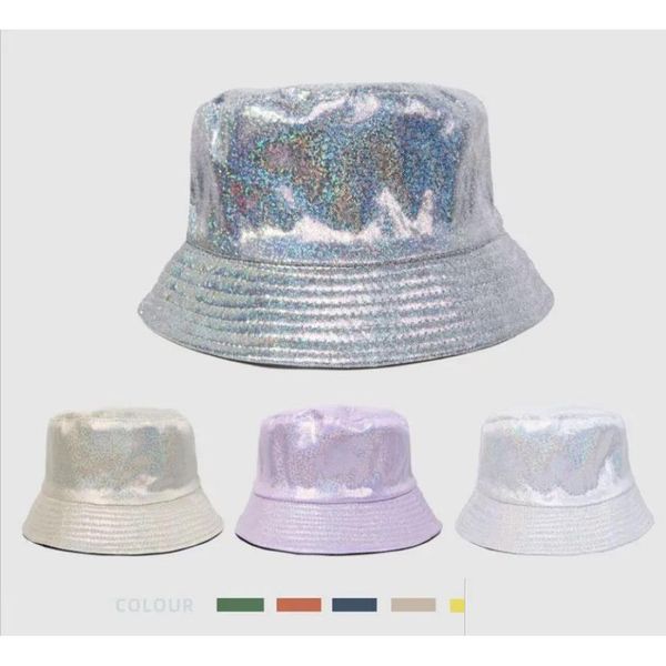 Bomboniera Shinny Party Laser Bucket Hat Stage Wear Pu Leather Sparkle Cappelli da pescatore a tesa larga Festival musicale di Natale Olografico Dh1Ra