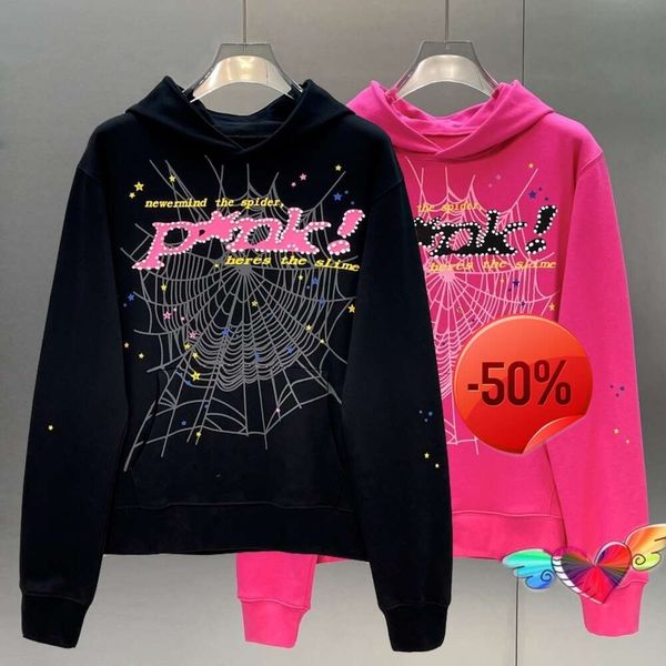 50 kapalı ~ Erkek Hoodies Sweatshirts Tasarımcılar Genç Thug 1 Yüksek Kaliteli Hip Hop P*Nk Web Puff Baskısı SP5der 5555555 Hoodie Erkek Kadın Melek Örümcek Ağır Kumaş Külotu