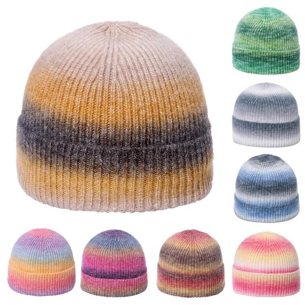Chapéu unissex de malha elástica com gradiente arco-íris, gorro unissex de inverno, à prova de vento, quente e melão