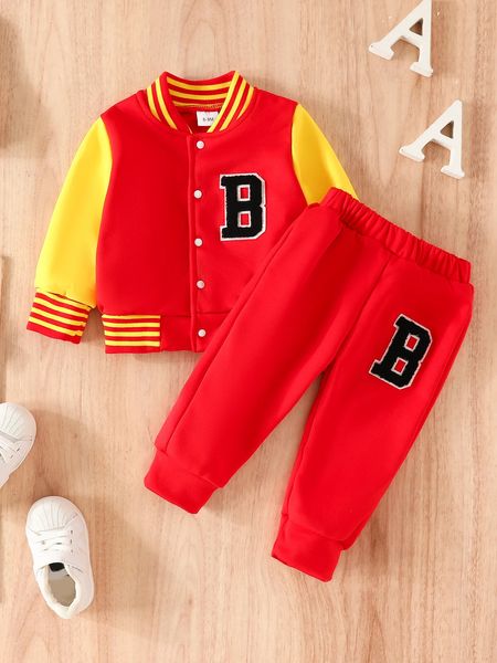 Conjuntos de roupas B palavra bordado padrão para meninas moda duas cores emendando terno de beisebol camisa de botão de manga comprida e calças 2 peças 231115