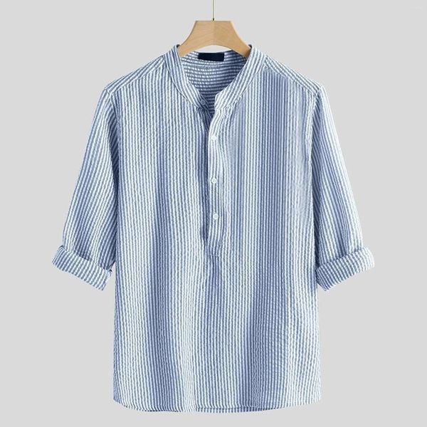 Camicie casual da uomo Camicia floreale da uomo gialla Top moda uomo colletto a righe in lino T-shirt a maniche lunghe dolcevita