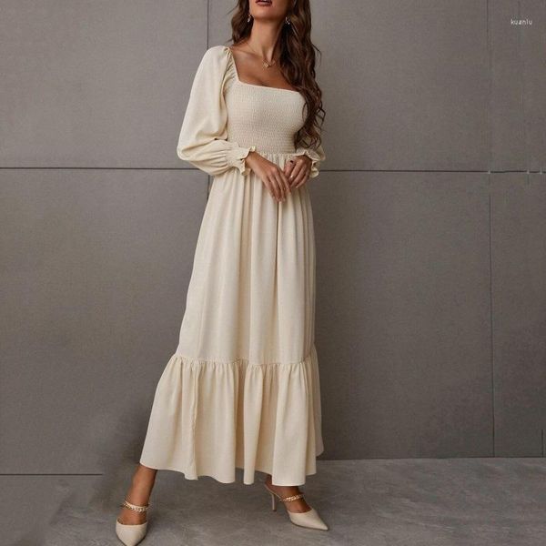 Vestidos casuais 2023 Autumn e Winter Pullover Square Collar S-Sleeved Ruffleled High Casting Temperdent Dress Dress Women Women