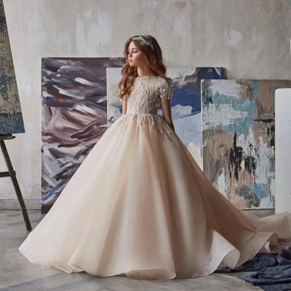 abiti da ragazza di fiore champagne di lusso per matrimoni applicazioni in tulle paillettes scintillanti perline abiti da spettacolo per bambini abiti da compleanno