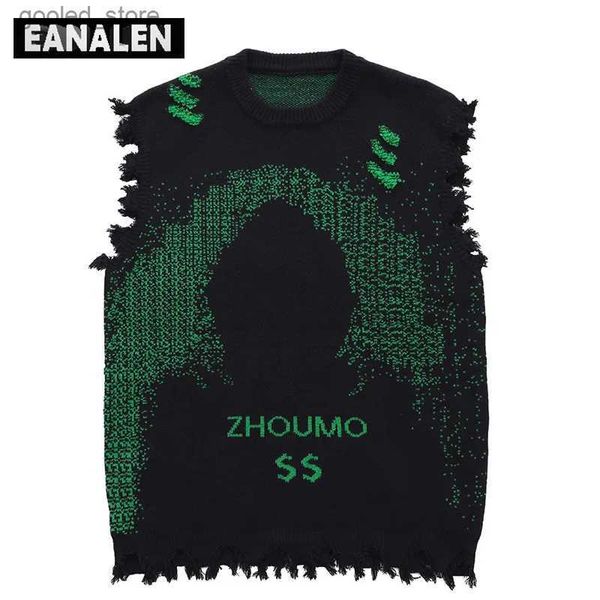 Suéteres masculinos Harajuku preto verde esfarrapado suéter com franjas colete feminino y2k vintage oversized tricotado feio suéter sem mangas estética masculina q231115