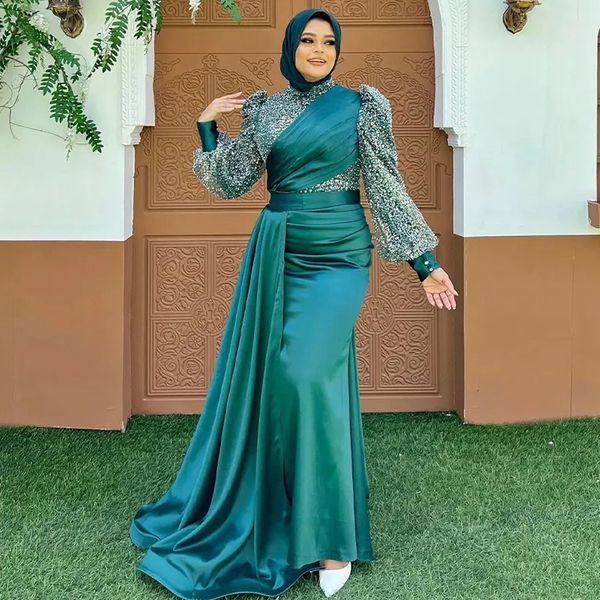 Vintage sereia muçulmano vestidos de noite alta pescoço mangas compridas overskirt vestido formal com hijab beading cetim kafan marrocos vestido de baile