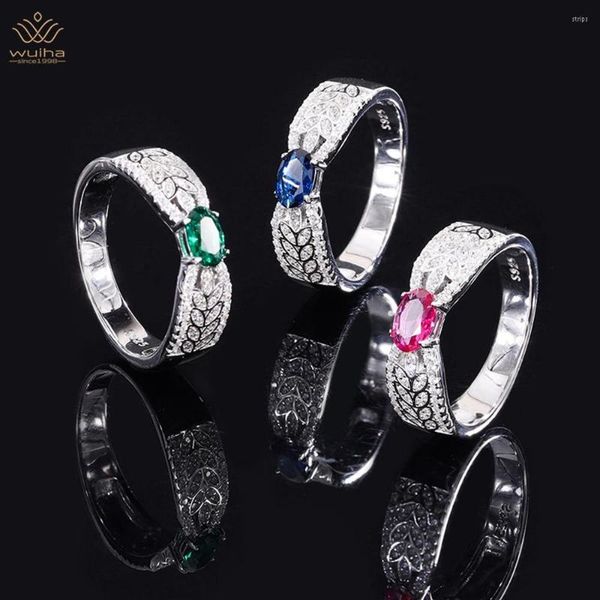 Anéis de cluster wuiha 925 prata esterlina 4 6mm Emerald/Ruby Sapphire Faceted Gemstone Ring for Women Engagement Presente de jóias finas