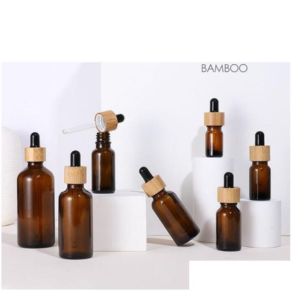 Garrafas de embalagem Atacado Natural Bambu De Madeira Âmbar De Vidro Essencial Garrafas Conta-gotas 10ml 15ml 20ml 30ml 50ml Recipientes Cosméticos Dhjod