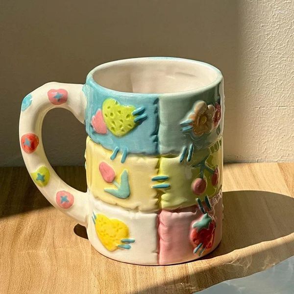 Canecas Francês Retro Cerâmica Copos Requintado Remendo Criativo Patchwork Caneca Meninas Mão Amassar Irregular Água Potável Café da Manhã