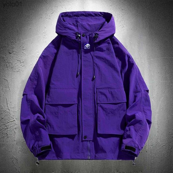 Piumino da uomo Parka viola con cappuccio Giacche da uomo Giacca a vento Hip Hop Tinta unita Sport all'aria aperta Cappotti con cappuccio Abbigliamento uomoL231115