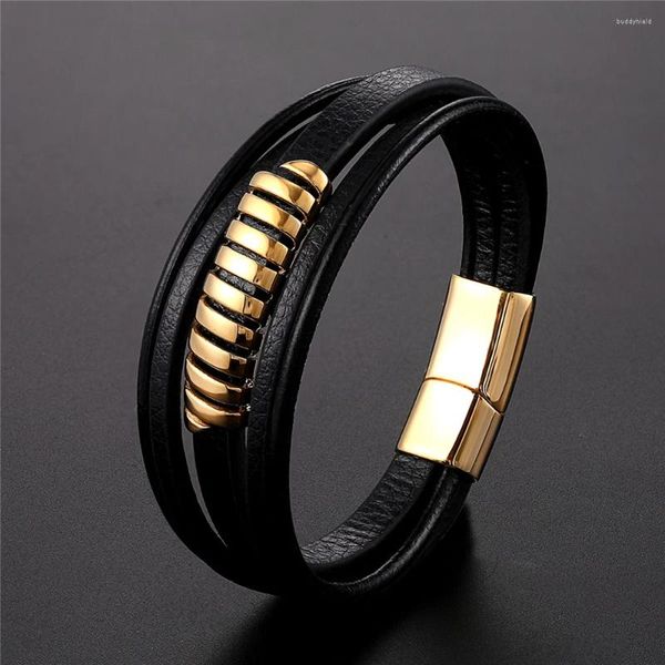 Link pulseiras de aço inoxidável fecho magnético genuíno pulseira masculina jelwelry charme multi-camada pulseira de couro punk presente para menino