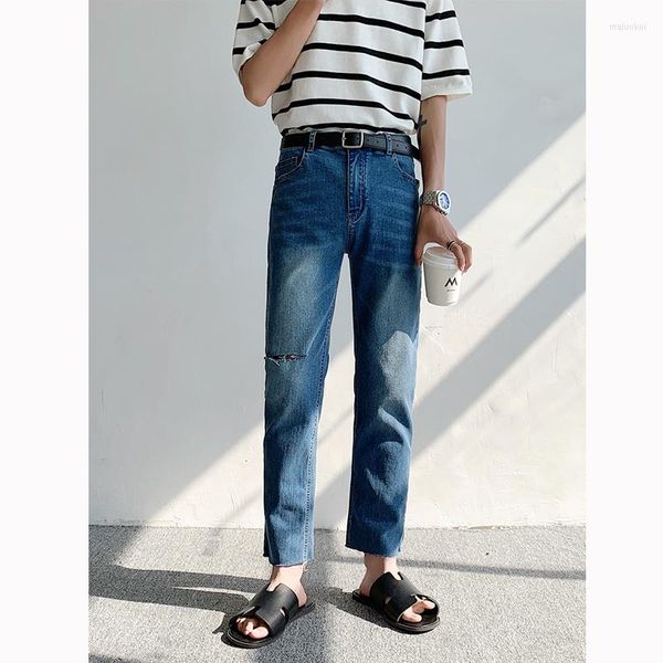Herren Jeans Sommer Herren Slim Fit Mode Lässig Loch Gerade Streetwear Koreanisch Blau Schwarz Zerrissene Jeanshose Herrenhose