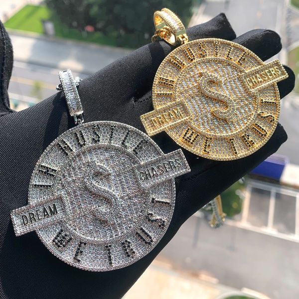 Novo designer que confiamos em Hustle Money Dollar Dream Chasers Carta redonda charme pingente colar com corrente de corda Hip Hop Mulheres Pave Cubic Zirconia Boss Men Gift Jewelry