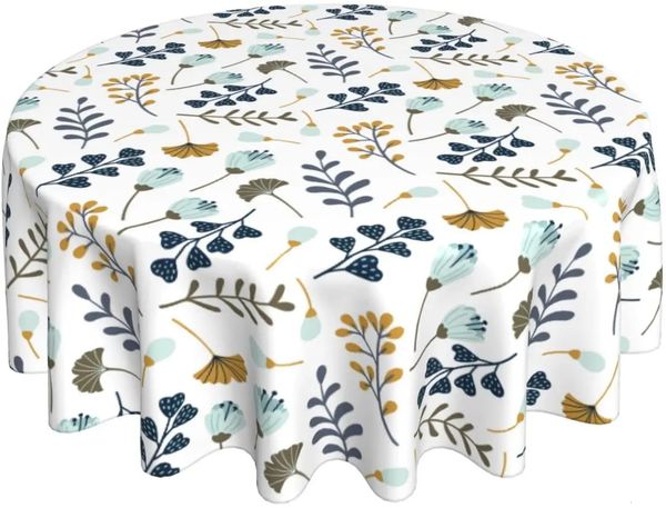 Toalha de mesa azul cinza floral folhas redondas toalha de mesa 60 polegadas primavera verão folha roupas rústicas reutilizáveis círculo capa de mesa para jantar 231115