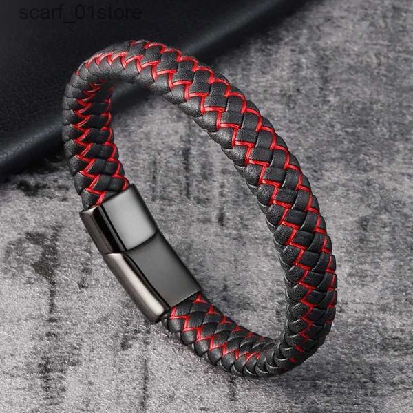 Catena Tren Rosso Bracciale in vera pelle per uomo Gioielli lticolor Chiusura in acciaio inossidabile Bracciale intrecciato Punk maschile GiftL231115