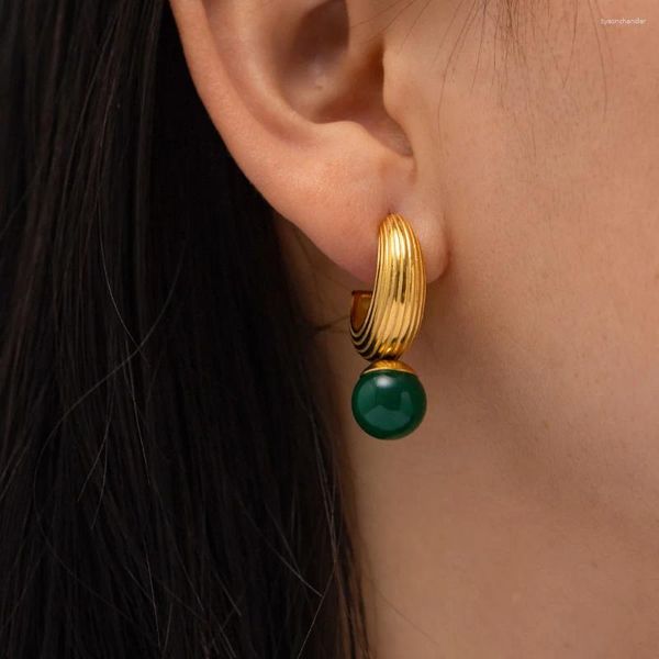 Orecchini a bottone in acciaio inossidabile PVD placcato oro 18 carati ossidare perline verdi impermeabili orecchino a goccia di perle per gioielli da donna all'ingrosso alla moda