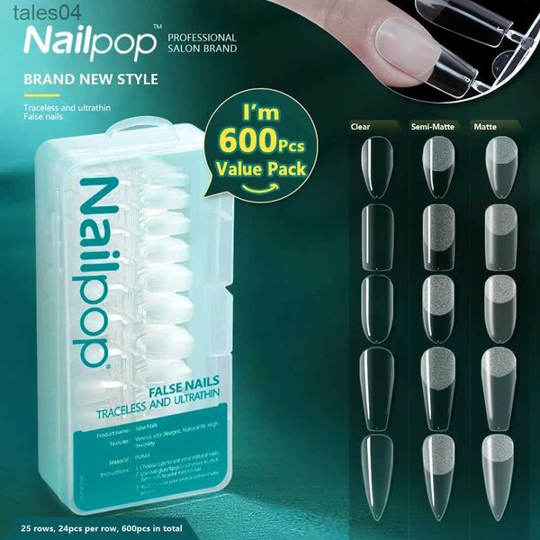 Unhas falsas Nailpop 600pcs PRO Unhas falsas semi-foscas caixão de amêndoa completo / meio acrílico quadrado pontas de unhas falsas para extensão ponta ferramenta de manicure YQ231115