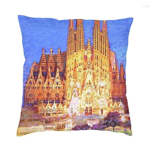 Cuscino Spagna Cityscape Oil Painting Art Church Cover Sagrada Familia in Square Night Square Case Dispositivo di arredamento per la casa soggiorno