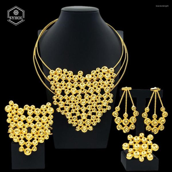Collana Orecchini Set SYHOL 24K Design originale Gioielli da donna Bracciale placcato oro di lusso Anello grande con ciondolo amore