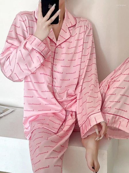 Damen-Nachtwäsche, lockerer Pyjama-Anzug, Sommer-Hauskleidung, rosa Liebe, Loungewear, Damen-Satin-Nachtwäsche, Freizeithosen-Set, Nachthemd