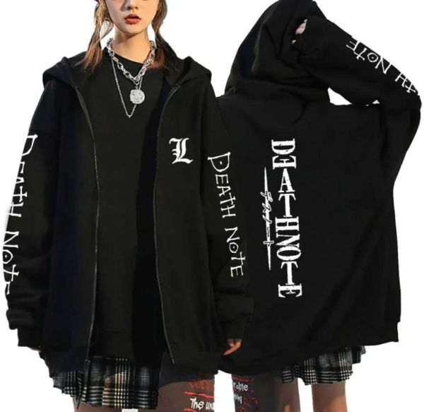 Anime death note oversized zip up hoodie feminino masculino moletom gráfico streetwear hip hop zíper com capuz jaqueta casual agasalho