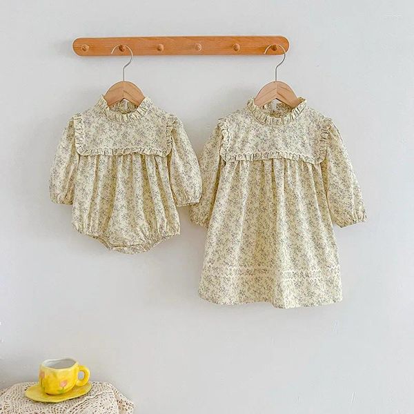 Mädchen Kleider 2023 Koreanische Vintage Blumen Kleid Für Kinder Kinder Frühling Herbst Schwestern Outfits Kleinkinder Drucken Casual Und Strampler