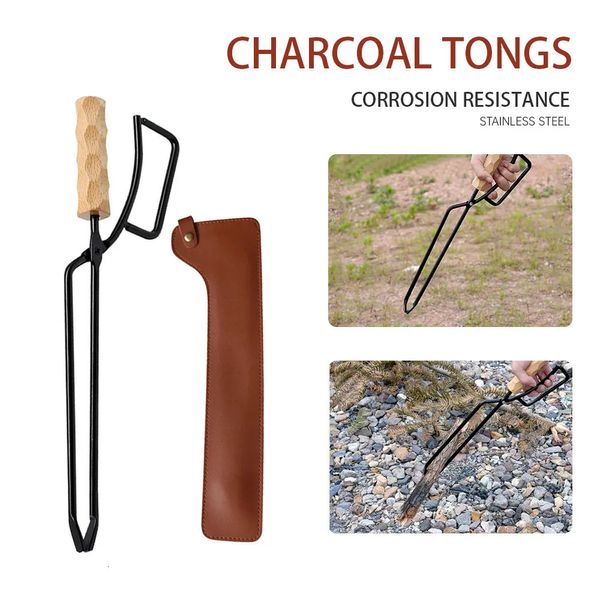 Gadgets ao ar livre ferramentas para churrasco acessórios metal madeira churrasco pinças de fogo alça longa lareira de madeira clipe de carvão portátil leve equipamento de acampamento 231115