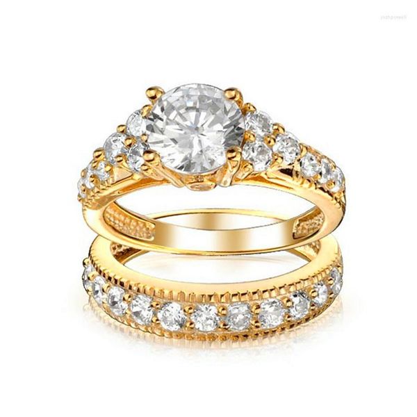 Fedi nuziali 2 pezzi! Set di anelli di fidanzamento di lusso con zirconi cubici per donne in metallo color oro R168