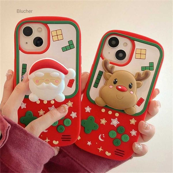 Casos de telefone celular bonito dos desenhos animados 3D Papai Noel Elk Ring Holder Stand Phone Case para iPhone 15 Pro Max 14 13 Pro 12 11 Natal Estilo Back CoverL2402