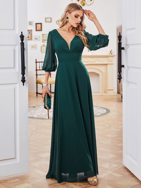 Бирюзово-зеленый v-образный вырез с рукавами 3/4. Платья для матери невесты. Шифоновое вечернее платье.