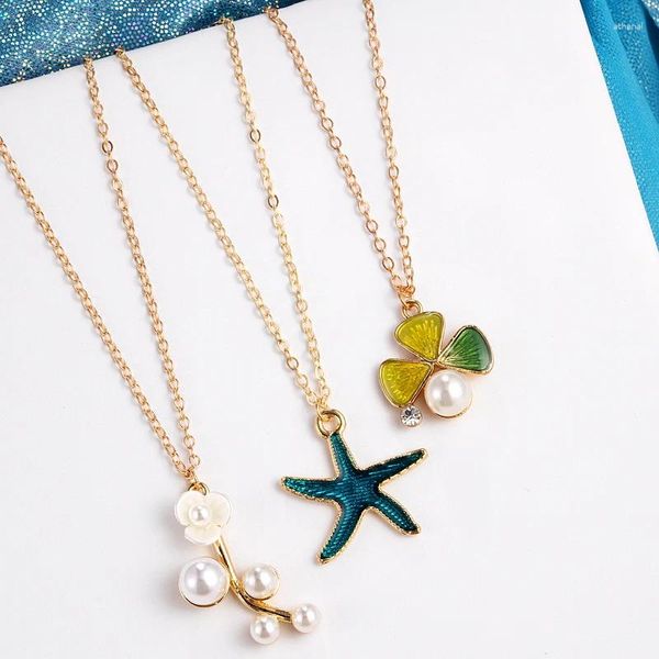 Colares Pingente Oceano Starfish Seashell Metal Imitação Pérola Folha Charme Colar Para Mulheres Bohemian Beach Party Chain Jóias