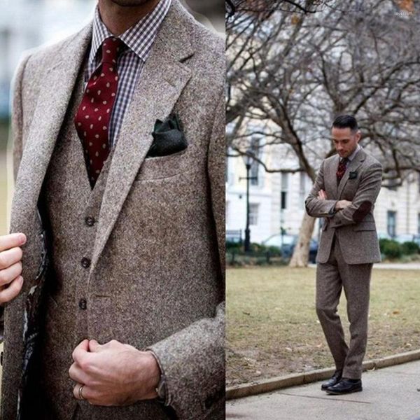 Ternos masculinos Vintage Winter Tweed Blazer Sets Men Brown With Patch Design 3 Peças Costume Homme Smart Business Formal Wedding