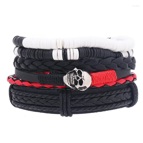 Pulseira masculina pulseiras vintage multicamadas crânio trança de couro 4 pçs/set pulseiras artesanal corda envoltório masculino presente jewlery