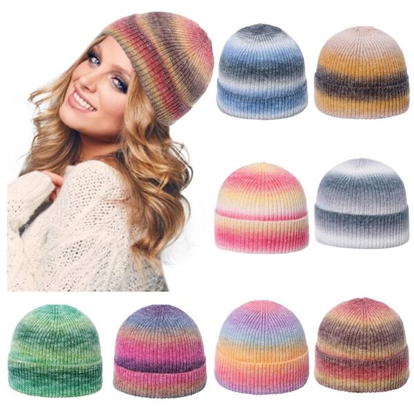 Regenbogen Tie Dye Farbe Harajuku Beanie Winter Wolle Gestrickte Hut Mode Warme Skullies Mützen Für Frauen Männer Hip Hop Cap gorras