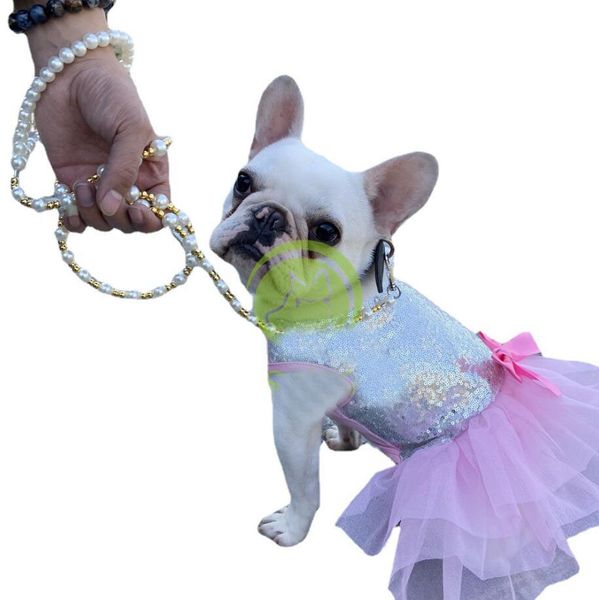Catena al guinzaglio di perle di design di lusso per cani di piccola taglia e media, corda da trazione metallica per accessori per cuccioli all'aperto da passeggio per bulldog francese