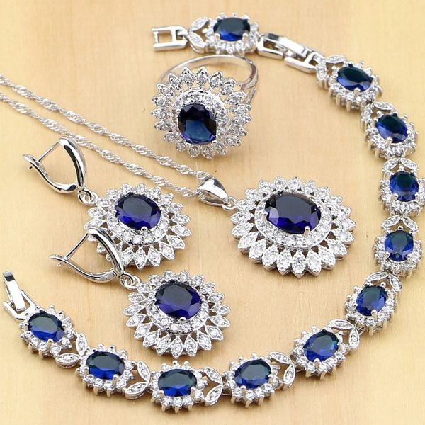 Set di gioielli da sposa Set di gioielli in argento 925 ovale naturale blu zircone bianco CZ per le donne Orecchini da festa/pendente/collana/anelli/bracciale goccia 231115