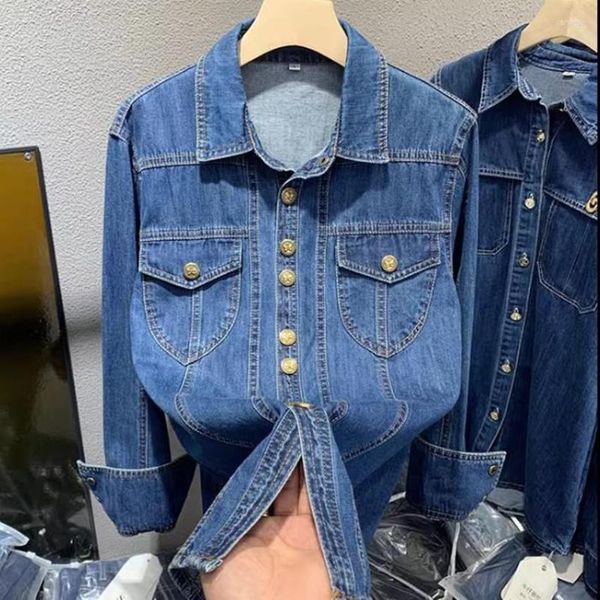 Damen Blusen Einreiher Jeanshemd Damen 2023 Frühling Herbst Mode Koreanische Jeans Bluse Top