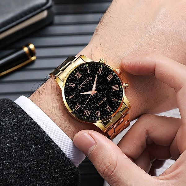 Relógios de pulso masculino luxo ouro quartzo relógio negócios liga cinta acessórios casuais relojes para hombres