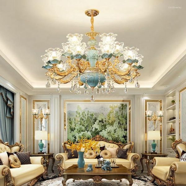 Kronleuchter Luxuriöse K9-Kristall-Kronleuchter-Deckenleuchte für Wohnzimmer, Keramik, Villa, Schlafzimmer, Esszimmer, blaue Innendekorationslampen