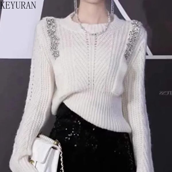 Suéteres femininos branco mahai suéter pulôver feminino moda coreana primavera outono fino oco out diamantes malhas tops sueter mujer jumper 231115