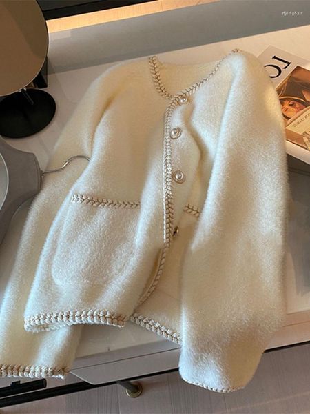Kadın Ceketleri Fransızca Küçük Koku İnci Düğmesi Kazak hırka Kadınlar En Nazik Mink Mink Polar Örgü Ceket