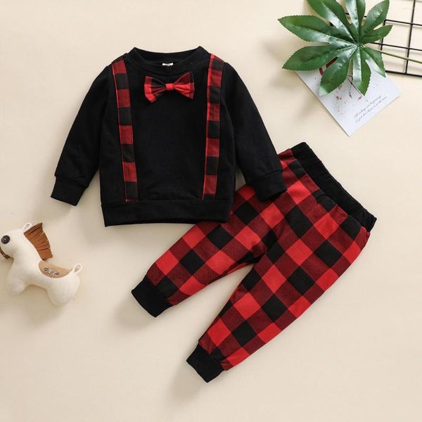 Roupas conjuntos de roupas de verão para bebês roupas de menino infantil de garotos roupas de natal estampas xadrezas bowknot mangas compridas calças de top 2pcs Conjunto