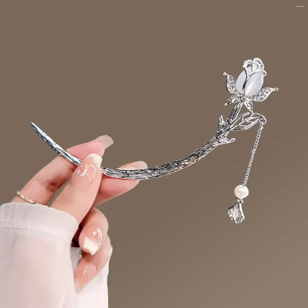 Fermagli per capelli Fiore di tulipano Forcina Bastone cinese Colore argento Tiara Bacchette per donna Chiusura a forma di luna Diademi Gioielli semplici