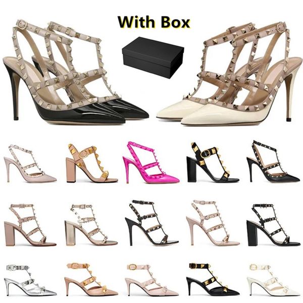 high heels womens designer dress shoes famous heel sandals kitten platform sandles white silver leather rivet peep-toes slingback gold 6 8 10cm wedding shoe With Box