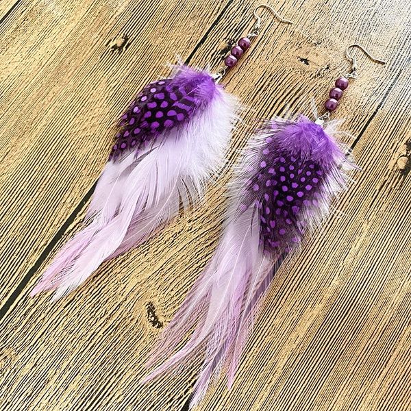 Серьги с этническими пурпурными белыми перо для женщин подвески для бусин